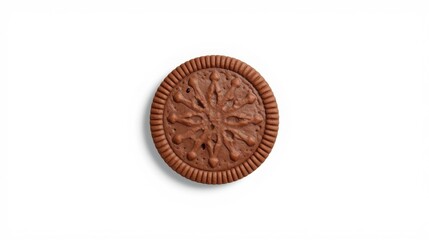 Fototapeta premium A single dark chocolate cookie with a patterned surface sits on white.
