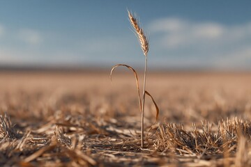 Fototapeta premium A single stalk of wheat stands tall in a harvested field under a blue sky
