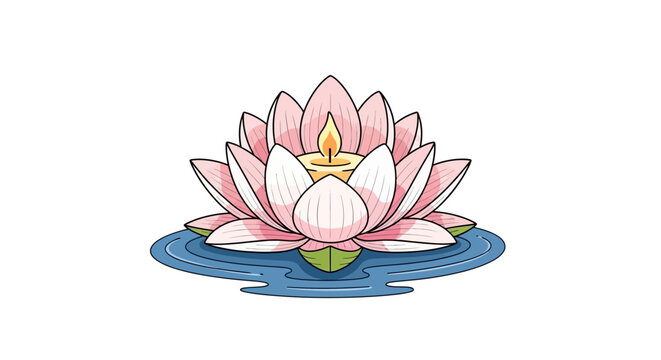 Serene Pink Lotus Flower with Candle Floating on Water, Zen Meditation Concept
