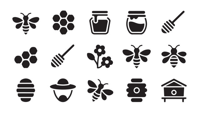 Honey bee farm icons set with apiary tools and honeycomb silhouettes for natural food design.