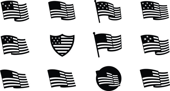 Flag Day. American flag and star vector icons collection with stripes and shapes design elements in black and white style