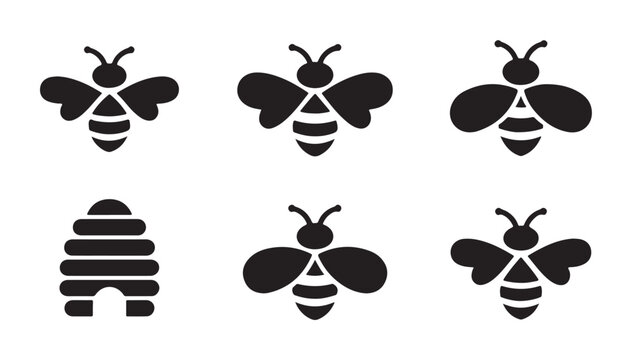 Six black bee icons and beehive symbol, simple stylized honeybee and apiary graphics.