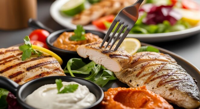 Delectable mediterranean feast grilled chicken vibrant salads and creamy dips on a rustic table setting