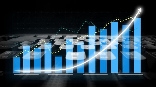 Digital representation of business growth featuring bar charts and trend lines over a keyboard background. Ideal for illustrating financial analysis and performance metrics. Copula