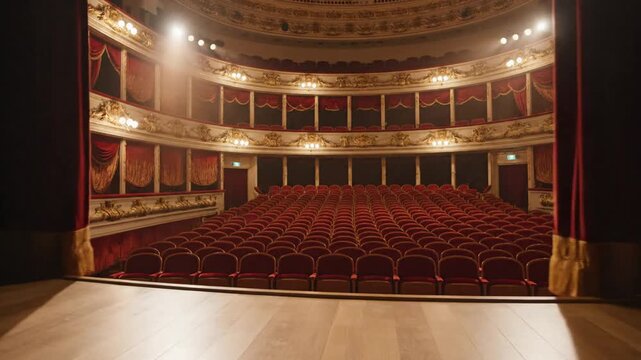 Dramatic wide angle view of vacant red velvet seat row within a grand auditorium, showcasing a deserted public performance hall stage with cinematic lighting and film quality resolution.