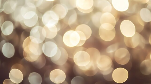 Abstract blurred bokeh background with fine grain texture, white pale yellow circular & elongated soft lights, dark muted brown backdrop, shallow depth of field, soft diffused lighting