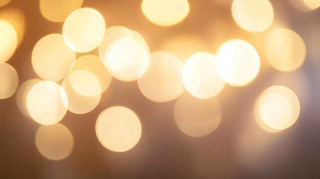 Abstract blurred bokeh background with fine grain texture, white pale yellow circular & elongated soft lights, dark muted brown backdrop, shallow depth of field, soft diffused lighting