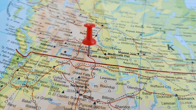 View of Lethbridge, is a city in the province of Alberta, Canada, on a geographical map of America, marked with red push pin