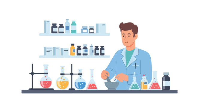 A professional male pharmacist in a lab coat works in a laboratory, mixing ingredients with a mortar and pestle amidst colorful chemical flasks.