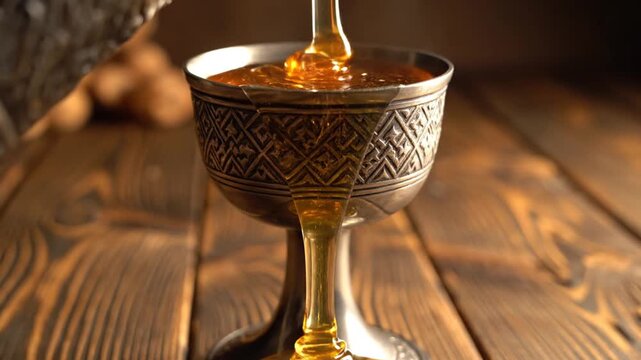 Thick golden liquid pouring into engraved vintage metal chalice