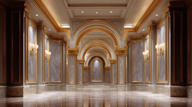 Grand and Elegant Interior Hallway with Archways, Marble Flooring, and Luxurious Lighting in a High-End Architectural Design Setting