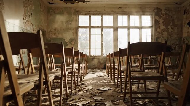 Abandoned interior chair arrangement in a decaying rundown room illuminated by soft window light, featuring cinematic solitude within an empty derelict hall during sunset.