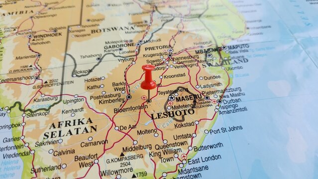 View of Bloemfontein, also known as Bloem, is the capital and the largest city of the Free State province in South Africa, on a geographical map of Africa, marked with red push pin
