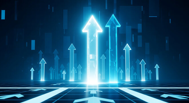 Glowing digital arrows moving upward on dark tech background