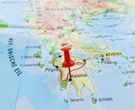 View of Kalamata, is the second most populous city of the Peloponnese peninsula in southern Greece after Patras, on a geographical map of Europe, marked with red push pin
