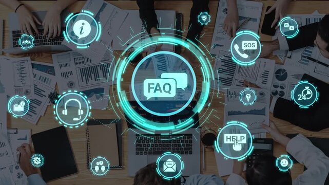 FAQ and online help icons show question, answer, and support system. FAQ improves online help experience, customer service quality, and FAQ knowledge access. Funnel