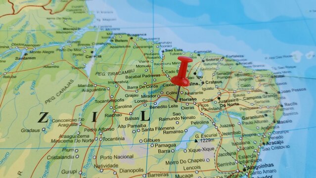 View of Floriano, Municipality of Piaui state, Brazil, on a geographical map of America, marked with red pushpin
