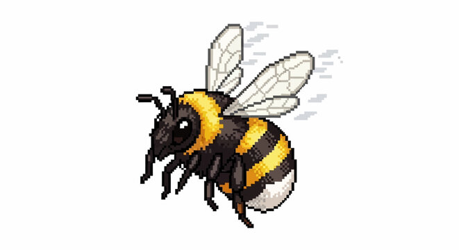 Detailed Pixel Art Bumblebee Flying Isolated White Background.