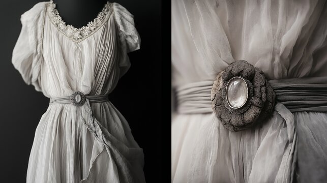 Elegant dress cinched with a decorative brooch at the waist, romantic vintage clothing