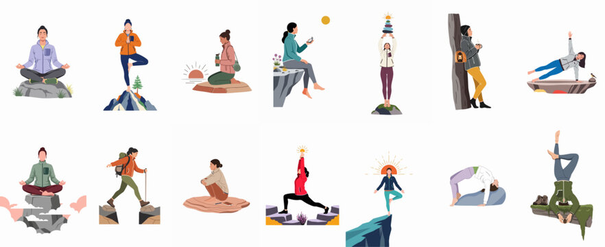 Set of flat illustrations of women practicing yoga, meditation, and mindful activities in natural settings like mountains, rocks, and forests.
