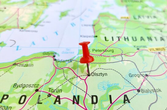 View of Olsztyn, is a city on the Lyna River in northern Poland. It is the capital of the Warmian&ndash;Masurian Voivodeship, on a geographical map of Europe, marked with red push pin