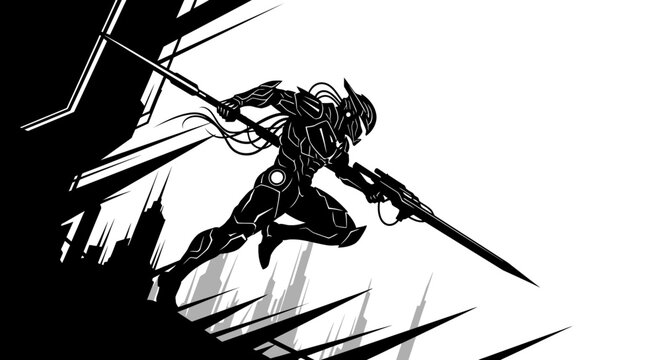 Dynamic silhouette of a futuristic warrior in action with weaponry