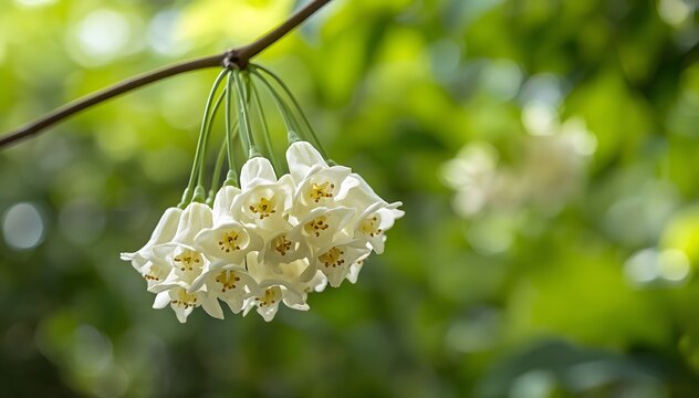 Delicate and fragrant creamy-white Wrightia religiosa blossoms hanging gracefully from a slender branch in a tranquil Thai garden setting during the daytime.