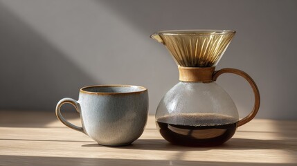 Fototapeta premium Elegant coffee brewing setup featuring a glass brewer and a ceramic cup with warm lighting and natural textures on a wooden surface