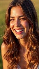 Fototapeta premium portrait young woman long wavy brunette hair she smiling widely looking directly camera her hair styled loose waves falls over her shoulders she has natural glowing complexion her eyes bright full