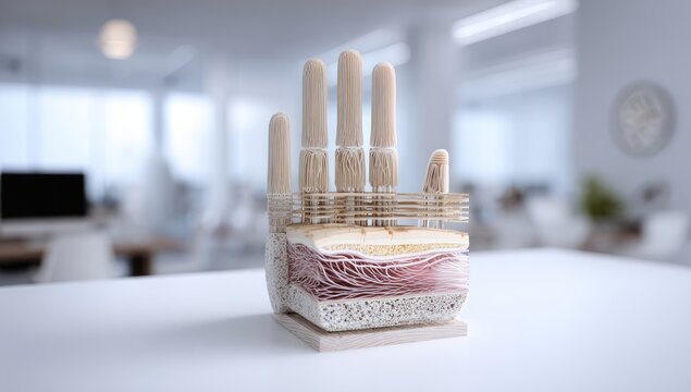 Anatomical cross-section of a wooden hand revealing skeletal and muscular structures
