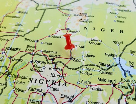 View of Zinder, formerly also spelled Sinder, is the third largest city in Niger, on a geographical map of Africa, marked with red push pin