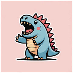 Fototapeta premium Cute cartoon dinosaur roaring with open mouth and sharp teeth.