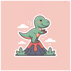 Cute Cartoon Dinosaur Standing atop a Volcano with Clouds in the Sky. © biang