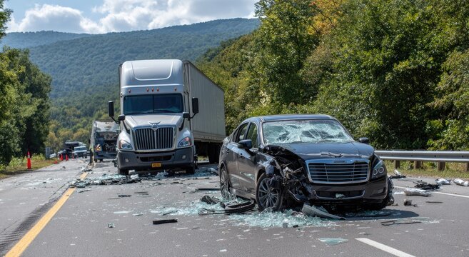 A multi-vehicle accident scene on a highway with damaged vehicles and debris