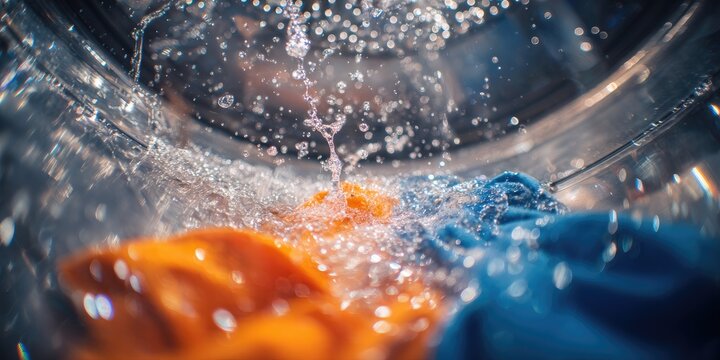 Water splashing on colorful clothes inside a washing machine drum