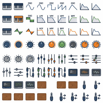 Electronic Music Synthesizer Components and Waveforms Icons.