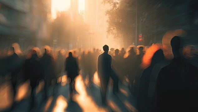 Sunlit city street, a solitary figure walks against a blurred, bustling crowd