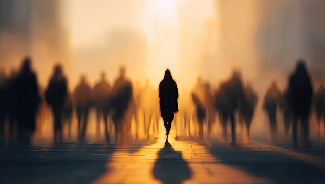 Silhouetted figure walks away from crowd in warm, hazy light