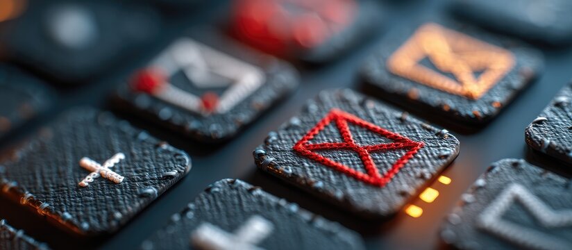 Macro shot of textured buttons with mail icons, on a dark surface