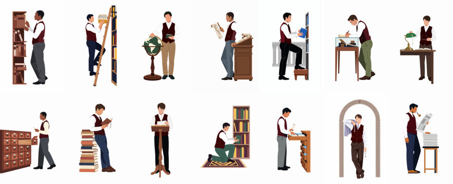 Vector set of scholarly men in vintage library settings engaged in research, reading, and archival work in an academic, historical style.