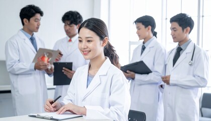 Fototapeta premium Smiling female doctor with colleagues in background.
