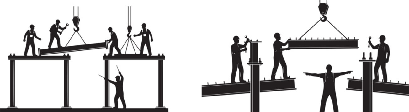 Construction workers building a structure with a crane on a white background vector silhouette