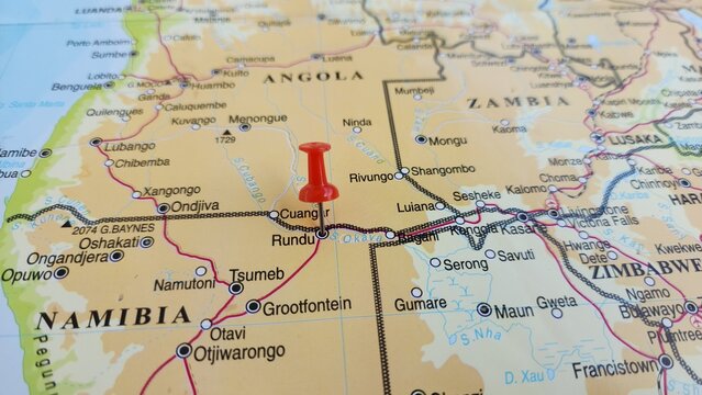 View of Rundu, is the capital and the largest city of the Kavango-East Region in northern Namibia, on a geographical map of Africa, marked with red push pin