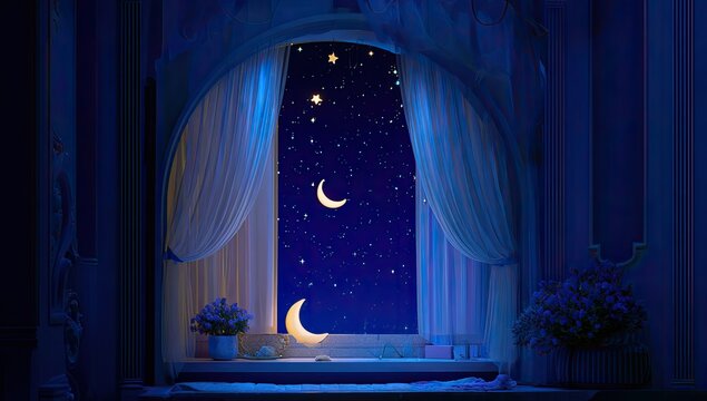 Enchanted window view of a starry night sky with crescent moons