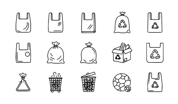 Plastic bag icons set vector thin line garbage packaging recycling waste pollution pictograms isolated white background