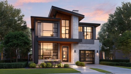 Fototapeta premium Modern residence with geometric design, large windows, wood accents, and a garage