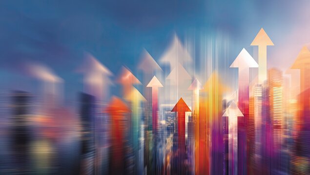 Blurred city skyline with vibrant upward arrows representing growth