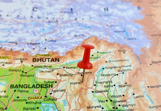 View of Imphal, is the capital city of the Indian state of Manipur, on a geographical map of Asia, marked with red push pin