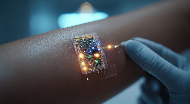 Futuristic bio-integrated electronic chip being applied to skin