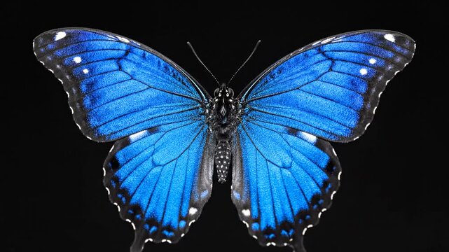 Stunning blue morpho butterfly with vibrant wings isolated on black background.
